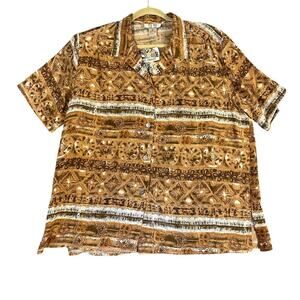 FU DA Womens XL Vintage 100% Silk Button Up Shirt NWT Shoulder Pads Artsy Luxury